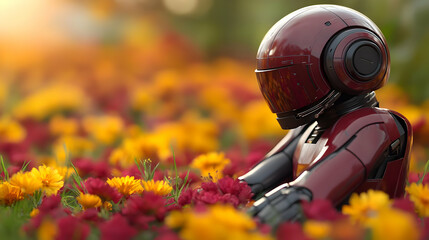 Canvas Print - Robot Exploring a Field of Colorful Flowers