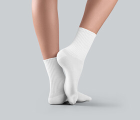 Sticker - Mockup of white medium socks on women's feet, stretched toes, isolated on background, side view.