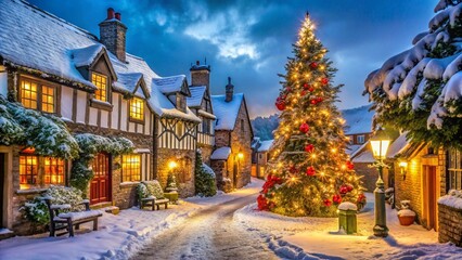 a beautiful european square at christmas, featuring a large decorated tree, colorful old buildings, 