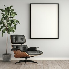 Modern office interior with a stylish chair and a blank wall for artwork.