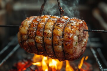 Pork knuckle hanging over a campfire on a dark background. Flames and smoke on dark background. Baked meat. Delicious dish. Meat with spices and sauce. 