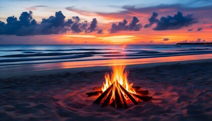 Wall Mural - Twilight Beach Bonfire Clipart with Glowing Flames