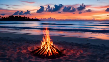 Wall Mural - Twilight Beach Bonfire Clipart with Glowing Flames