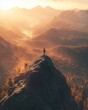 © TimosBlickfang - Lone Hiker on Mountain Peak at Sunrise, Overlooking Vast Valley and Forest, Stunning Landscape, Ideal for Adventure, Exploration, Nature, and Travel Inspiration Concepts