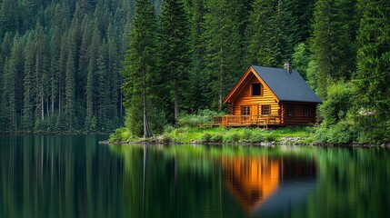 Wall Mural - A serene wooden cabin by a calm lake, surrounded by lush green trees, reflecting tranquility and nature's beauty.