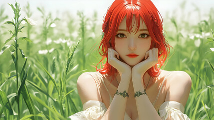 Poster - Red Haired Woman Posing in a Field of Flowers