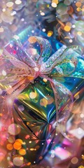 Poster - A colorful box with a bow on top of it. The box is decorated with glitter and has a shiny, metallic look