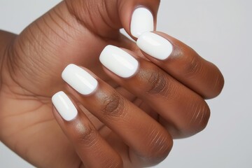 Poster - Close up of a hand with smooth white nails, neatly manicured and glossy, resting gently