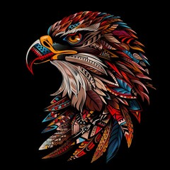 Eagle head with vibrant tribal patterns in copy space.