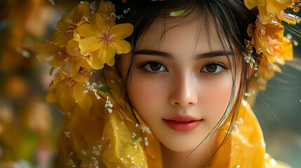 Poster - Beautiful Woman in Yellow Flowers, Stunning Portrait