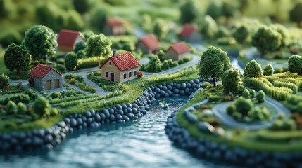 Wall Mural - Miniature Village by the River