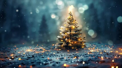 Poster - A Christmas tree adorned with twinkling lights stands in a snowy landscape as gentle snowflakes fall. The soft glow creates a tranquil winter atmosphere.