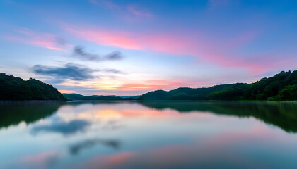 Wall Mural - Beautiful sunset over a serene lake with natural scenery and interplay of light and shadow.