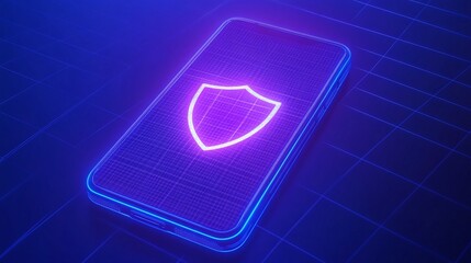 Wall Mural - A neon smartphone displaying a shield icon, symbolizing digital security and protection in a modern context.