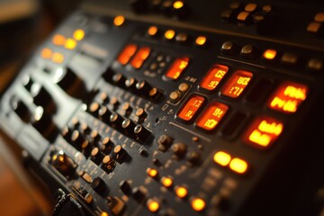 Close-up of a ham radio with orange buttons and Chinese character codes, shallow depth of field