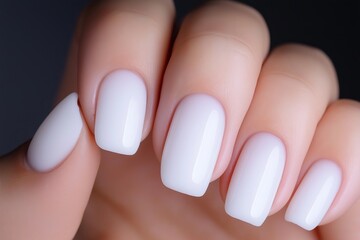 Poster - Extreme close up of pale skin fingers with shiny white nails, showcasing a smooth and glossy finish