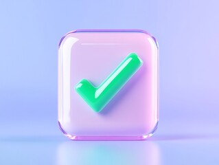 Colorful checkmark icon in a glassy square shape, representing positive feedback or task completion.