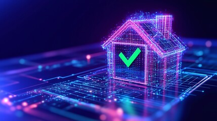 Digital representation of a house with a check mark, symbolizing smart home technology and verification.