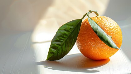 A ripe orange with a smooth peel and a green leaf attached placed on a pristine white surface casting a soft shadow