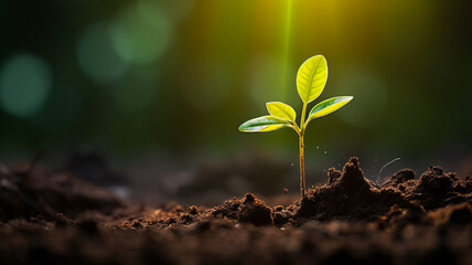 small green plant sprouting from the soil, illuminated by sunlight in a natural environment, symbolizing growth and new beginnings.