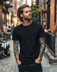 Wall Mural - Street style photo of handsome man with tattoos wearing black t-shirt mockup	