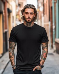 street style photo of handsome man with tattoos wearing black blank t-shirt mockup