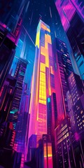 Wall Mural - Futuristic skyscraper in a conceptual setting, showcasing bright neon hues and abstract design.