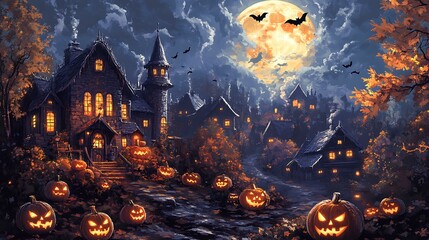 Wall Mural - a folk art halloween night, showcasing a haunted village with grinning pumpkins and bats flying agai
