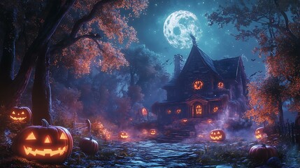 Wall Mural - a ghostly halloween night with eerie trees, glowing jack-o'-lanterns, and a spooky house illuminated