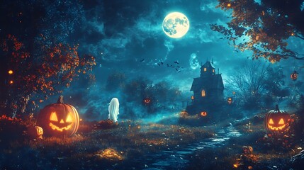 Wall Mural - a spooky halloween night scene in vintage folk style with glowing pumpkins, a ghostly figure, and a 