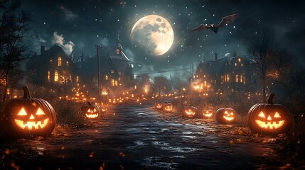 Wall Mural - a vintage halloween night scene with a full moon, haunted houses, and glowing jack-o'-lanterns linin