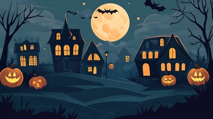Wall Mural - a vintage halloween night scene with spooky haunted houses, glowing pumpkins, and a ghost under a fu