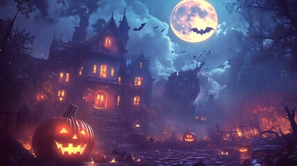Poster - a vintage halloween night with glowing pumpkins, spooky bats, and a haunted house under a glowing mo