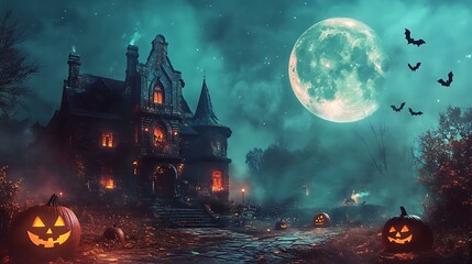 Poster - a vintage halloween night with glowing pumpkins, spooky bats, and a haunted house under a glowing mo