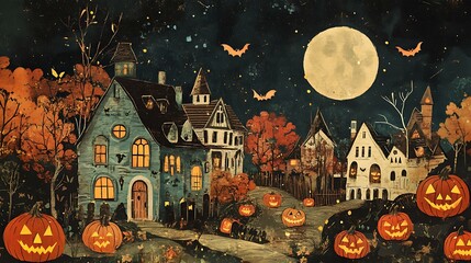Wall Mural - a vintage folk art-style halloween night with haunted houses, grinning jack-o'-lanterns, and a full 