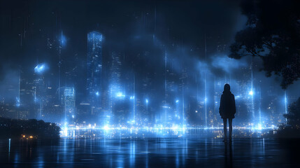 Poster - Silhouette of a Person Standing in Front of a Futuristic Cityscape