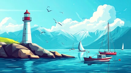 Poster - Seascape with fishing boats and lighthouse. Vector cartoon illustration. 