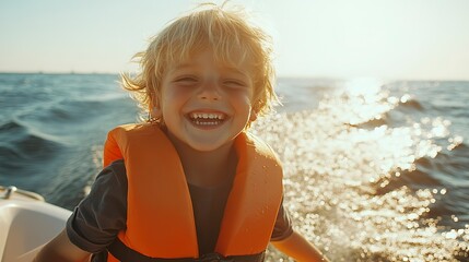 Wall Mural - Portrait of cite little blond happy excited smiling caucasian boy wear lifevest enjoy sailing on motor boat sea against blue sky and water splash wave sun backlit. 