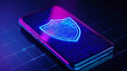 Wall Mural - Modern smartphone displaying a glowing shield symbol, representing digital security and protection, on a dark grid background.