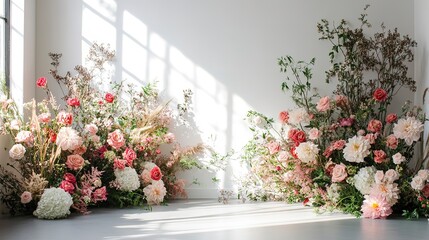 Poster - Photo booth with oversized floral arrangements a pristine white wall. 