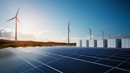 A wide-angle shot of an energy storage site with a series of battery containers, wind turbines in the background, and solar panels shining under the bright midday sun.