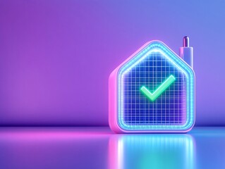 Stylish home icon with a checkmark, glowing neon colors on a smooth reflective surface, futuristic design elements.