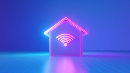 Sticker - Stylized home with WiFi symbol in vibrant neon colors on a digital background.