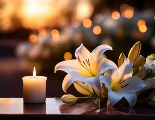 Wall Mural - Amidst mourning, beautiful lilies and a burning candle grace a softly blurred background, enhanced with a gentle bokeh effect, conveying a sense of reverence and tranquility