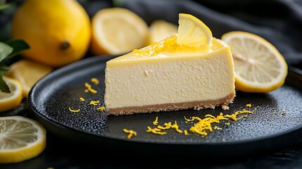 Lemon cheesecake slice on a black ceramic plate, surrounded by lemon zest and fresh lemon slices, soft side lighting casting gentle shadows, contrast between the vibrant yellow and dark background,