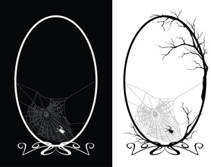 Wall Mural - detailed spider web silhouette inside elegant antique style frame decorated with bare tree branches 