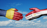 Egypt and Romania country handshaking with flags, consensus concept international co-operation illustration