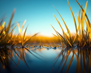 A serene nature scene featuring tall grass reflecting on calm water under a clear blue sky, evoking tranquility and beauty.