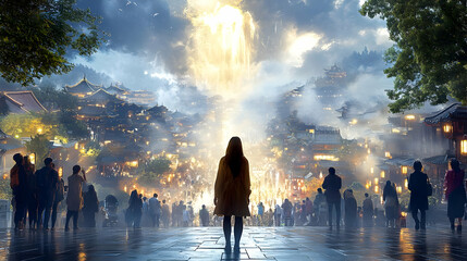 Wall Mural - Woman Stands Alone Facing a Mystical City with a Bright Light in the Sky