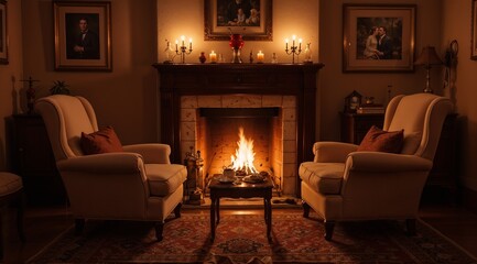 Cozy living room with a fireplace, two armchairs, and warm candlelight creating a romantic atmosphere
